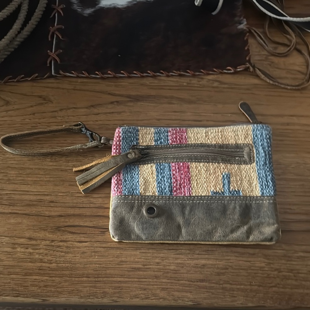 Myra Bag Blue and Pink Fringe Clutch Wristlet